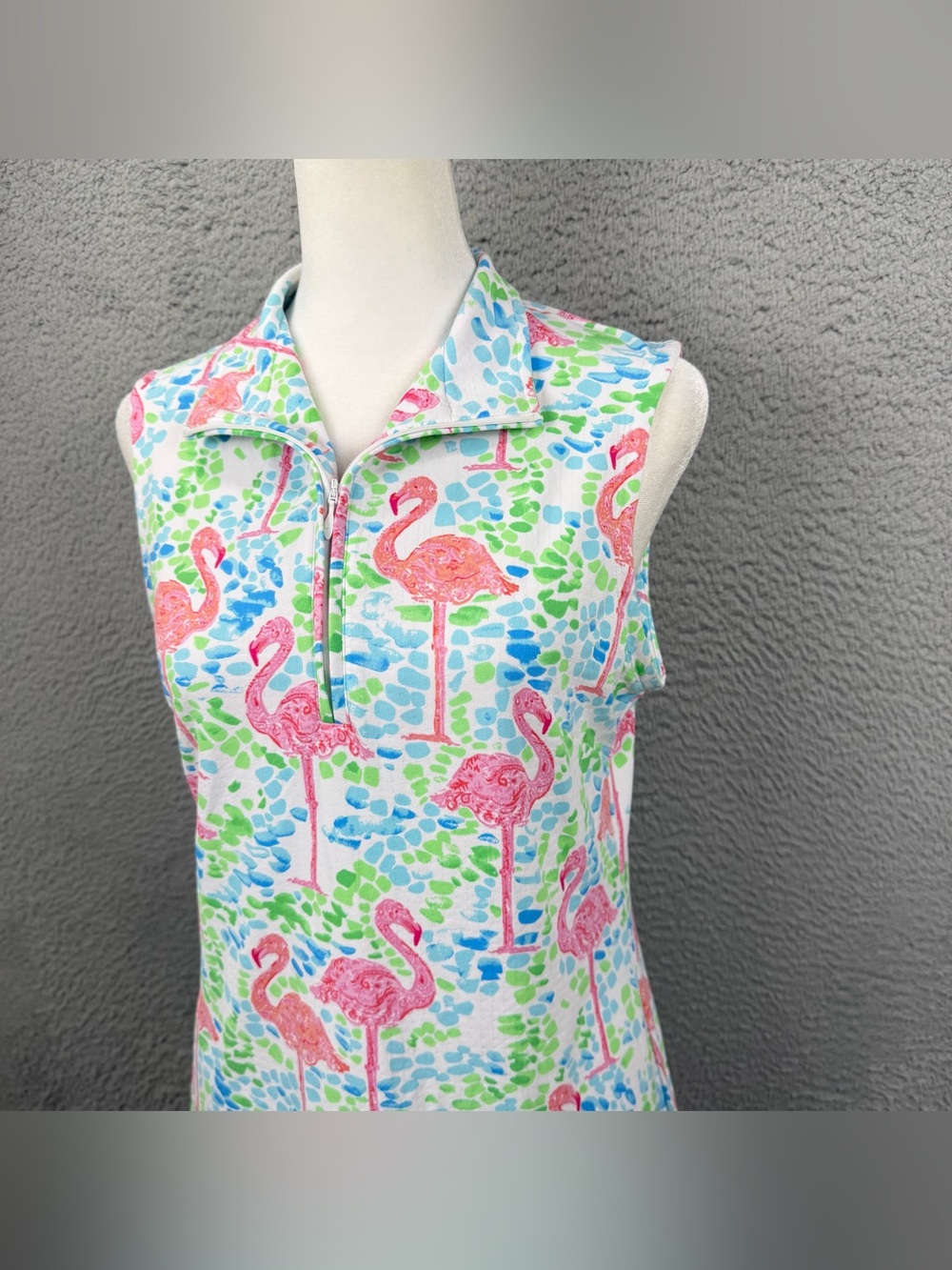 IBKUL Dress Womens Small Multicolor Flamingo AOP Quarter Zip Sleeveless Active